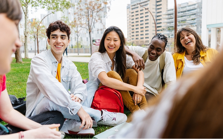 International students chatting on campus
